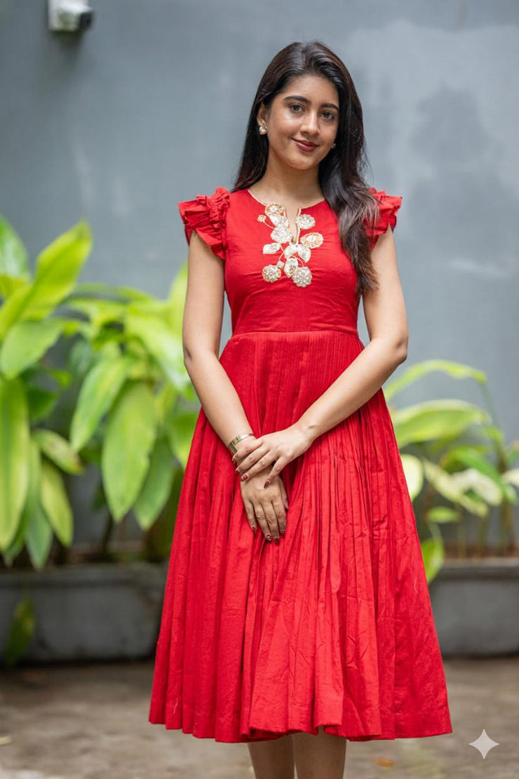Anushka Red Mul Cotton Midi Dress