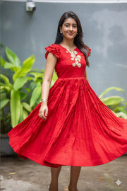 Anushka Red Mul Cotton Midi Dress