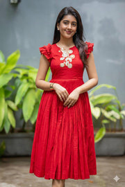 Anushka Red Mul Cotton Midi Dress