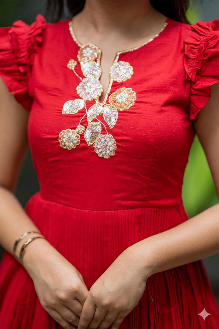 Anushka Red Mul Cotton Midi Dress