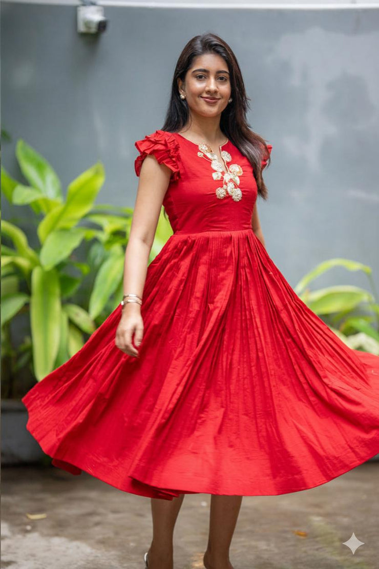 Anushka Red Mul Cotton Midi Dress