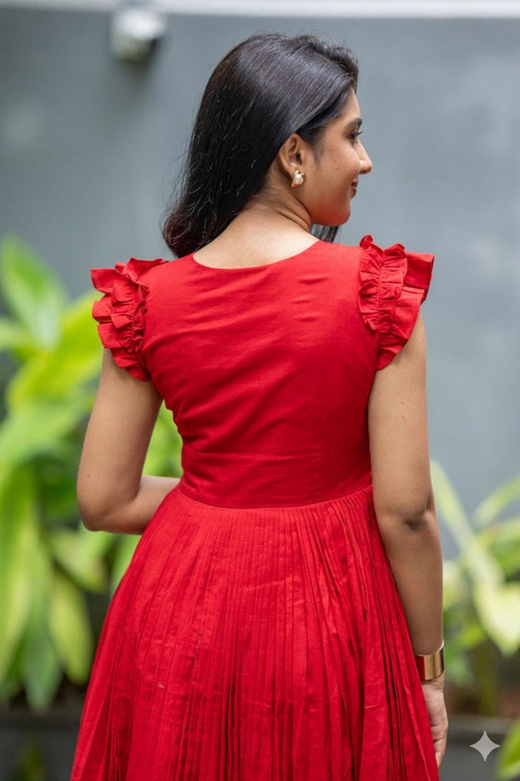 Anushka Red Mul Cotton Midi Dress