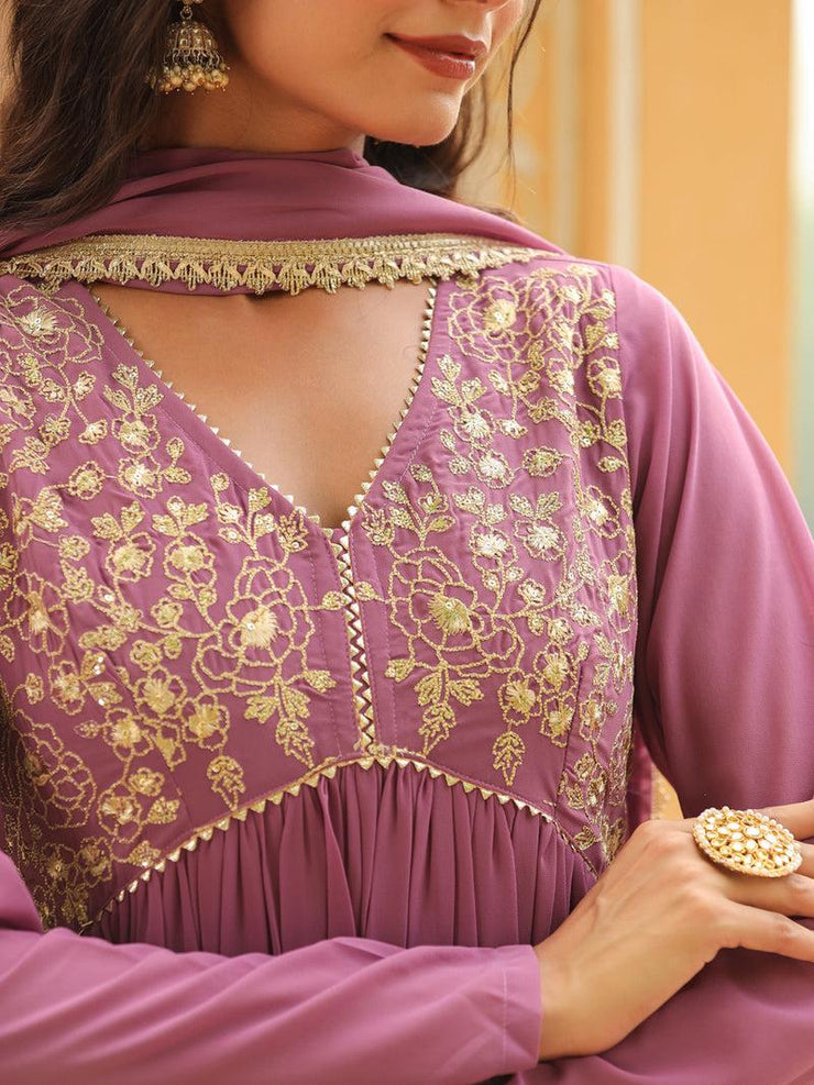 Georgette Yoke Embroidered A-Line Kurta Set