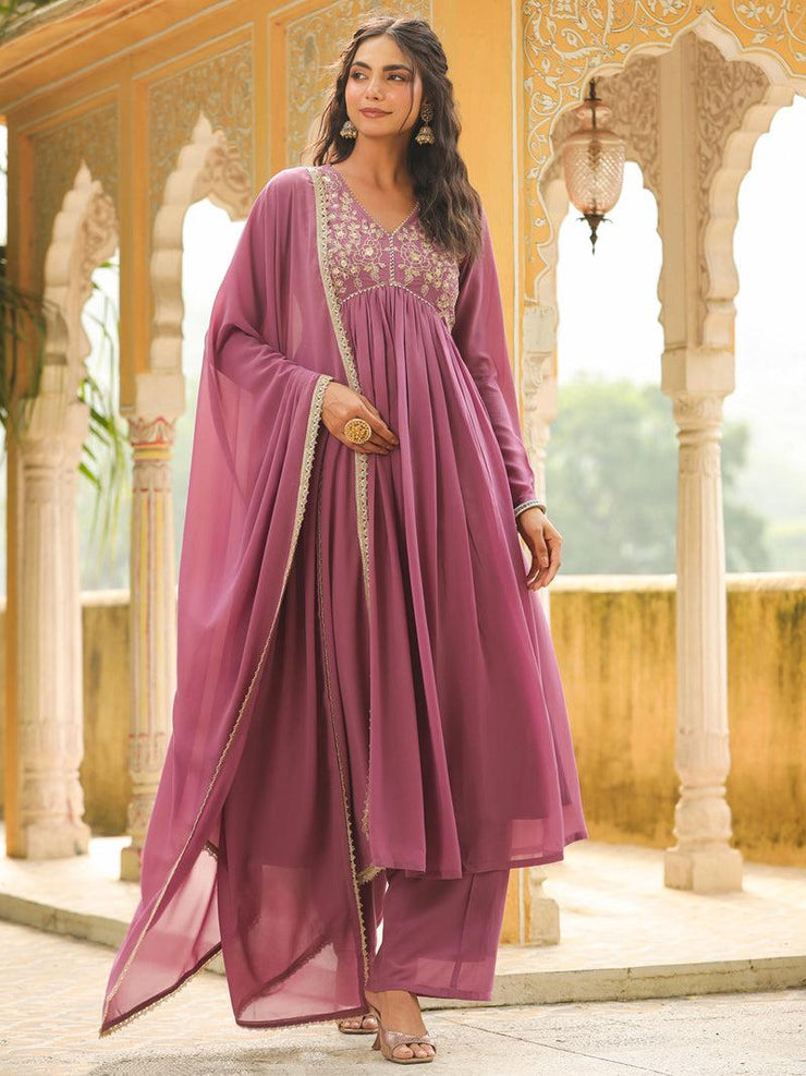 Georgette Yoke Embroidered A-Line Kurta Set