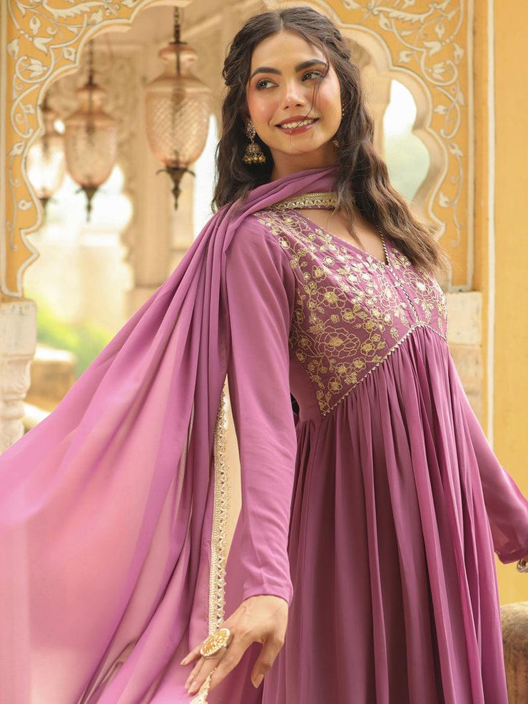 Georgette Yoke Embroidered A-Line Kurta Set