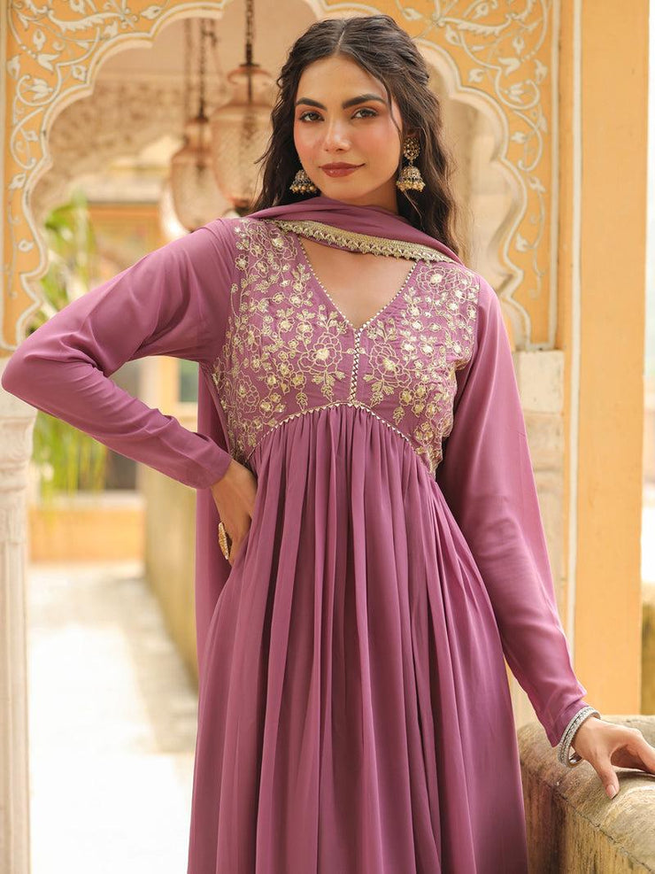 Georgette Yoke Embroidered A-Line Kurta Set