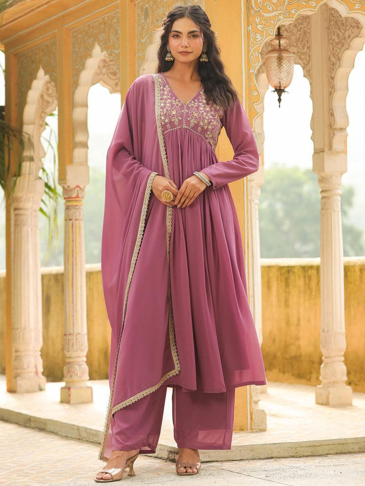 Georgette Yoke Embroidered A-Line Kurta Set