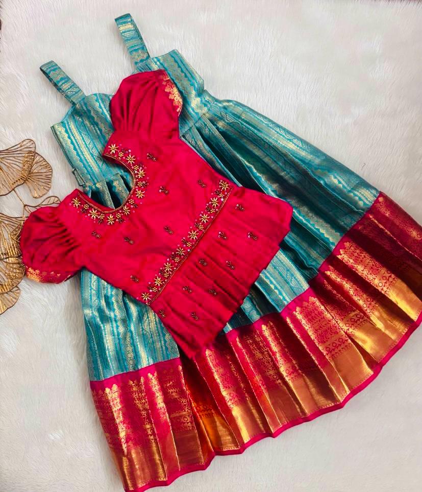 Teal Blue & Magenta Designer Pattu Pavadai Set