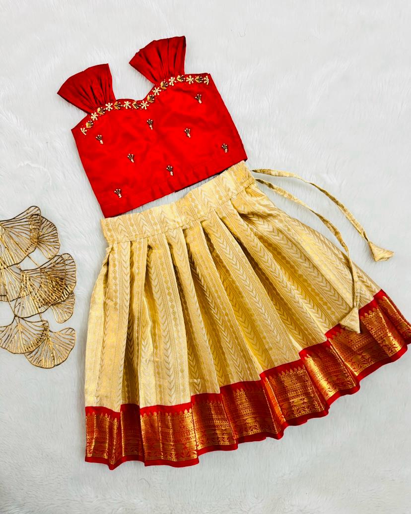 Red and Beige Baby Lehenga