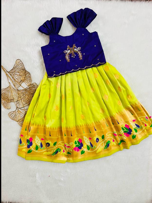 Lime Yellow & Purple Kids Pattu Frock with Embroidered Blouse