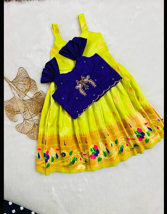 Lime Yellow & Purple Kids Pattu Frock with Embroidered Blouse