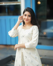 Off-White Cotton Printed Kurta with Striped Pants