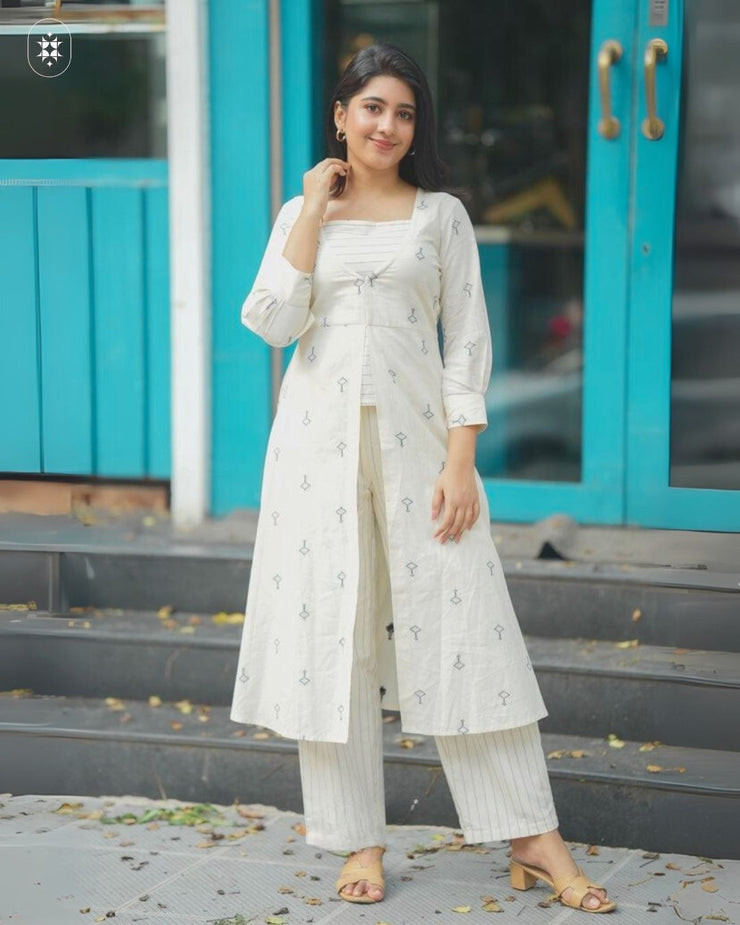 Off-White Cotton Printed Kurta with Striped Pants