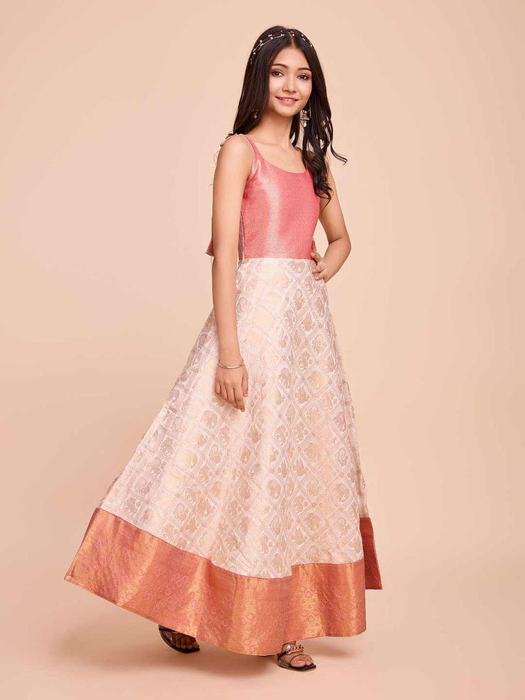 Kids CREAM color Silk Sleeveless ethnic dress