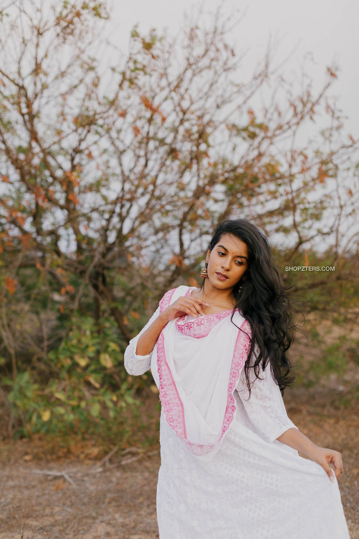 White and Pink Chikankari Georgette Anarkali