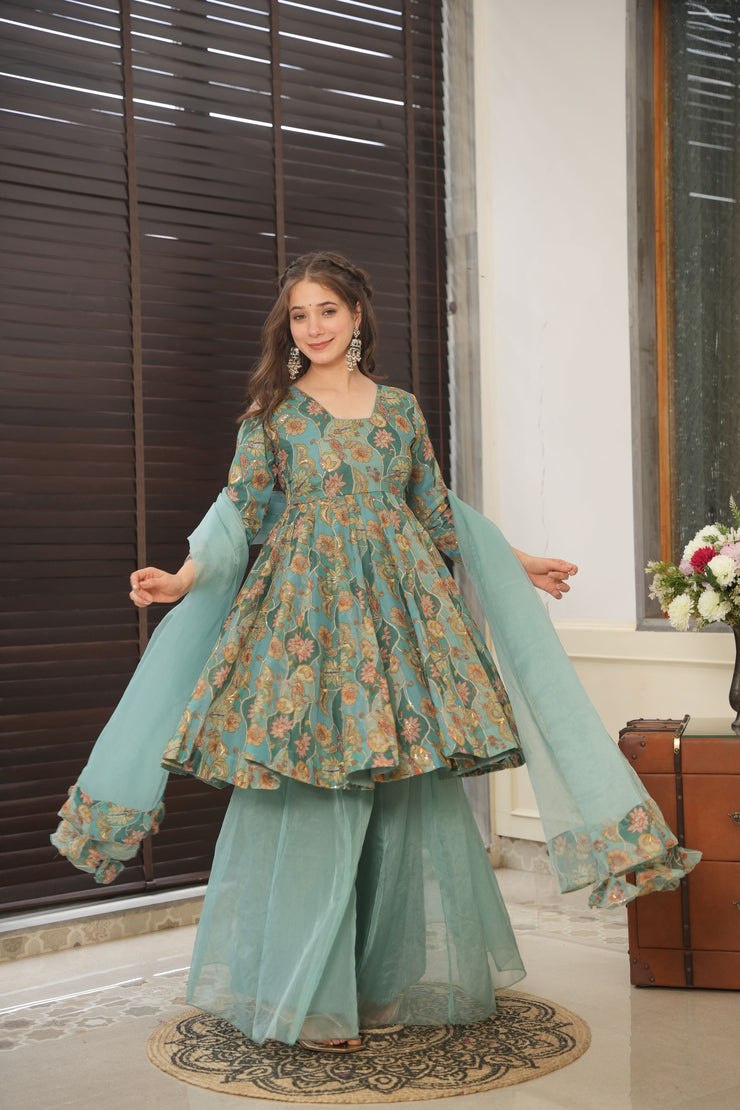 Teal Blue Embroidered Organza Suit Set