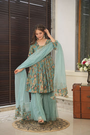 Teal Blue Embroidered Organza Suit Set