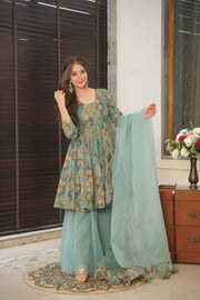 Teal Blue Embroidered Organza Suit Set