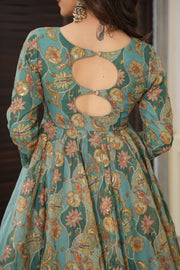 Teal Blue Embroidered Organza Suit Set