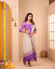 Adithi Purple Soft Semi Banaras Suit Set