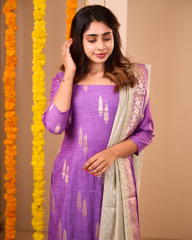 Adithi Purple Soft Semi Banaras Suit Set