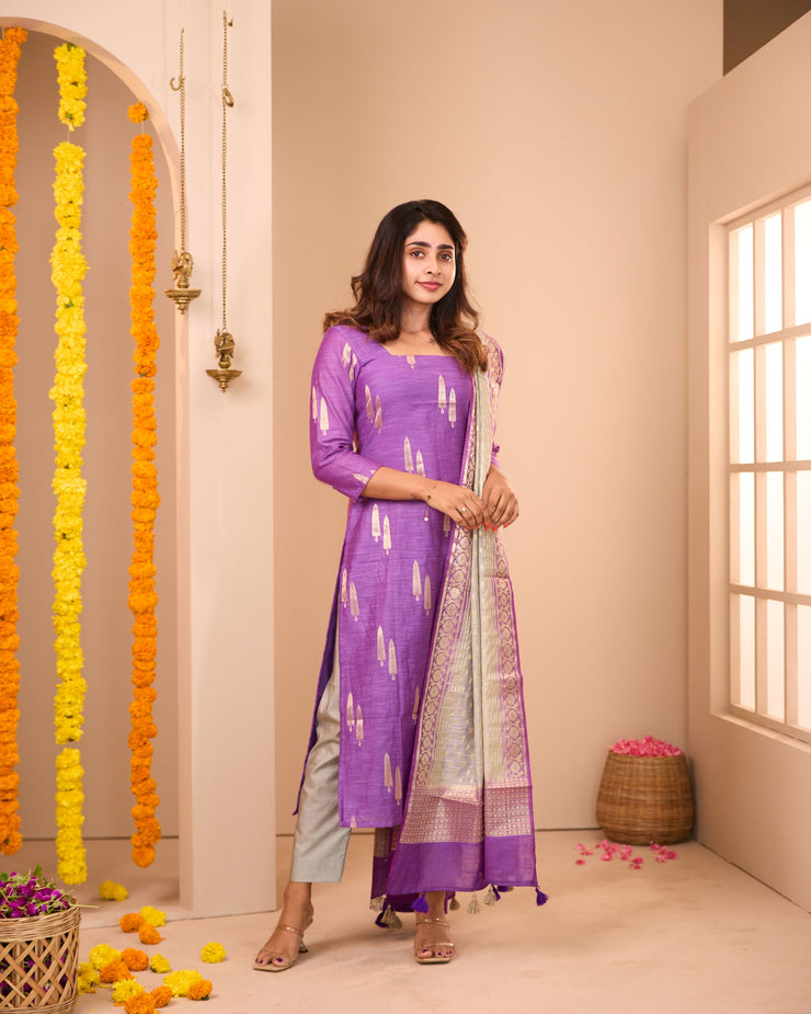 Adithi Purple Soft Semi Banaras Suit Set