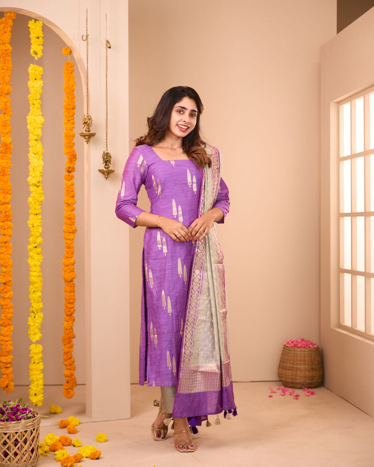 Adithi Purple Soft Semi Banaras Suit Set