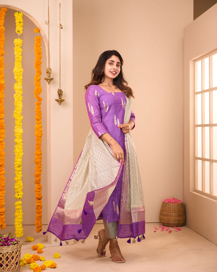 Adithi Purple Soft Semi Banaras Suit Set