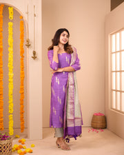 Adithi Purple Soft Semi Banaras Suit Set