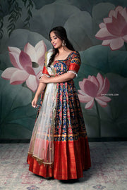 Red and Blue Patola Banarasi Silk Dress With Net Dupatta