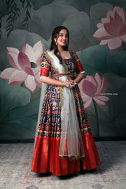 Red and Blue Patola Banarasi Silk Dress With Net Dupatta