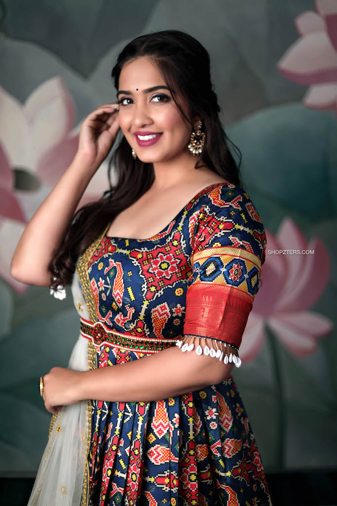 Red and Blue Patola Banarasi Silk Dress With Net Dupatta