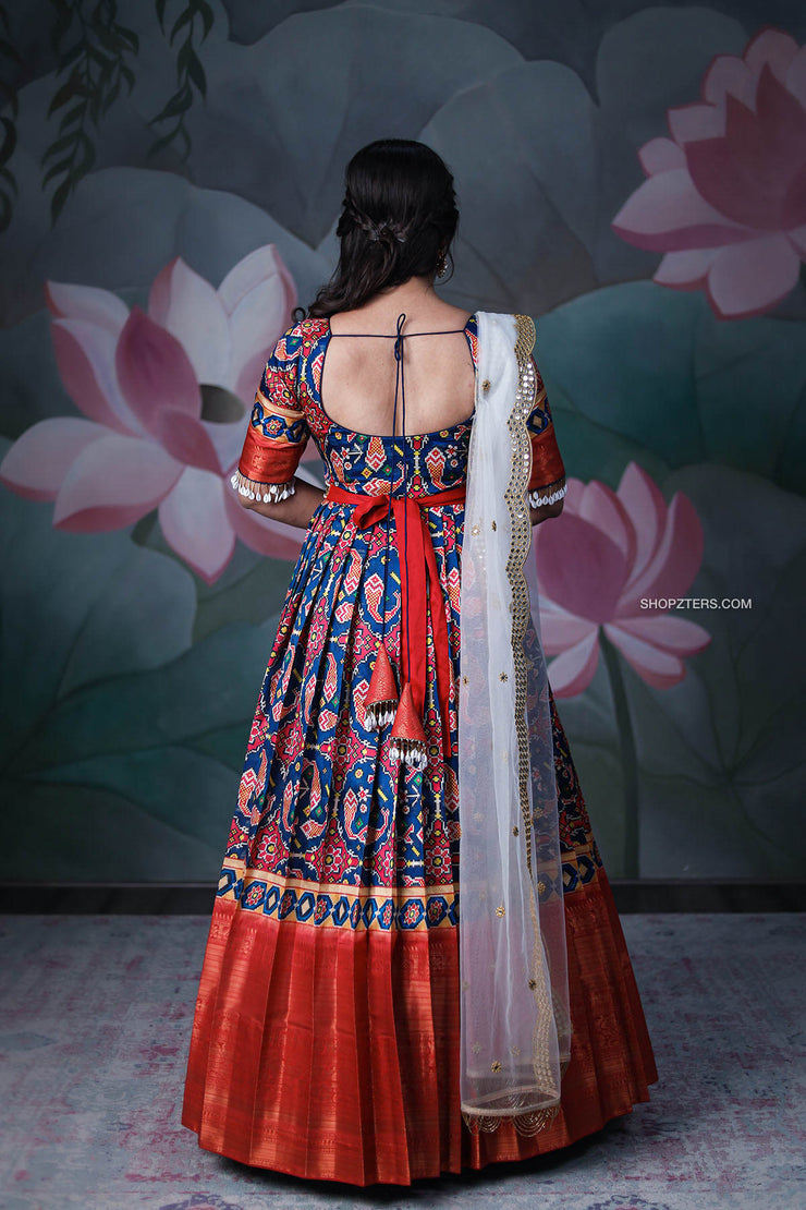 Red and Blue Patola Banarasi Silk Dress With Net Dupatta