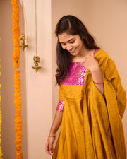 Anjana Yellow Brocade Patch Suit Set