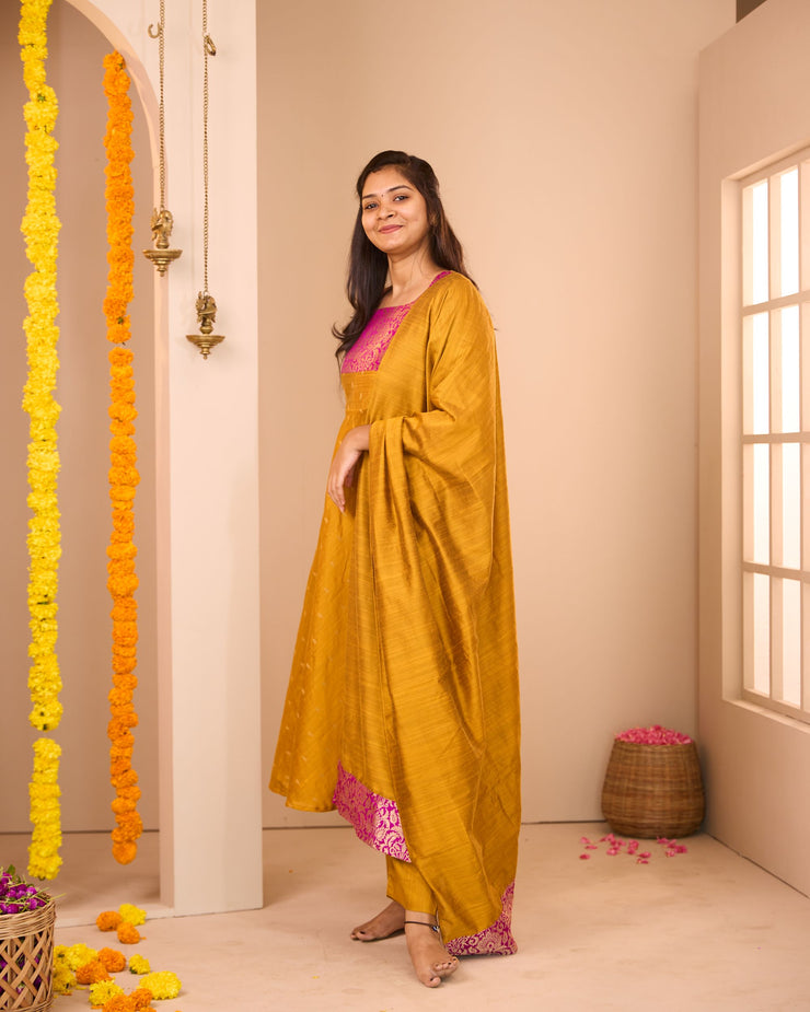 Anjana Yellow Brocade Patch Suit Set