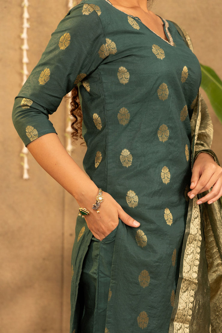 Green Cotton Silk Kurta With Gold Mughal Motifs