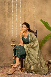 Green Cotton Silk Kurta With Gold Mughal Motifs