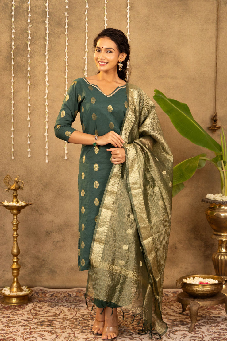 Green Cotton Silk Kurta With Gold Mughal Motifs