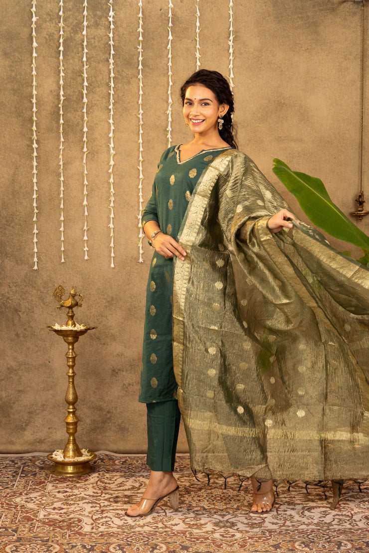 Green Cotton Silk Kurta With Gold Mughal Motifs