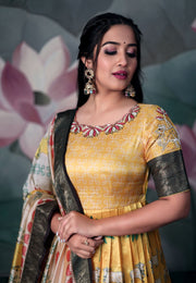 Yellow Banarasi Silk Anarkali Dress With Dupatta