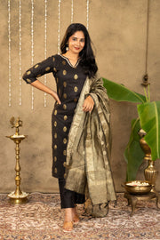 Black Cotton Silk Kurta Set With Gold Mughal Motifs