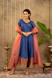 Blue - Pink Pichwai Dress With Striped Dupatta