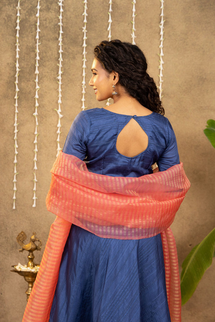 Blue - Pink Pichwai Dress With Striped Dupatta