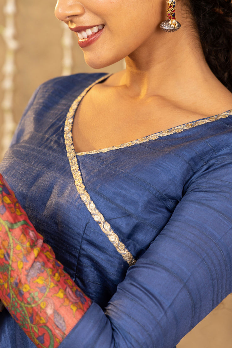 Blue - Pink Pichwai Dress With Striped Dupatta