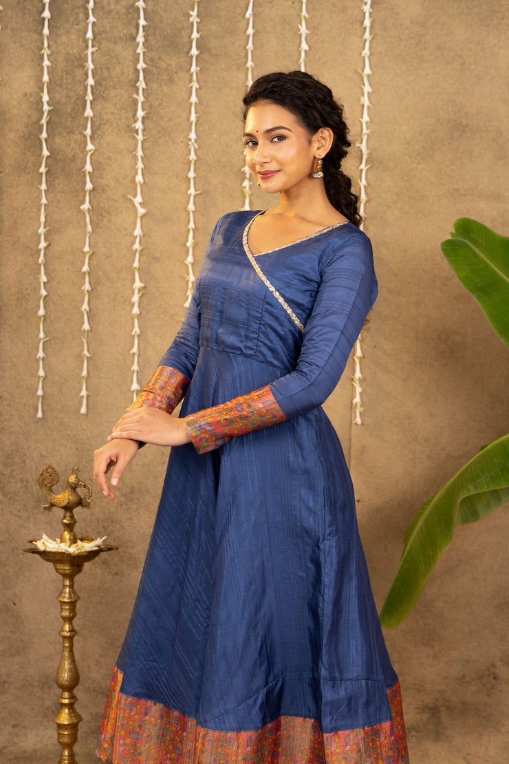 Blue - Pink Pichwai Dress With Striped Dupatta