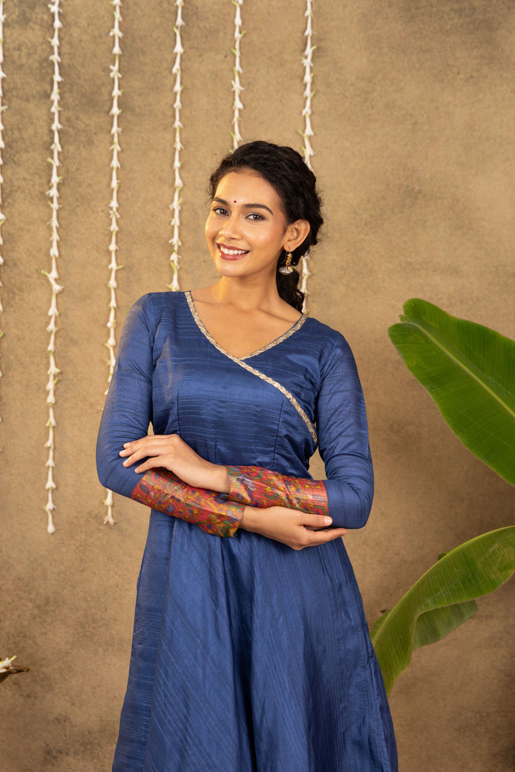 Blue - Pink Pichwai Dress With Striped Dupatta