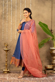 Blue - Pink Pichwai Dress With Striped Dupatta