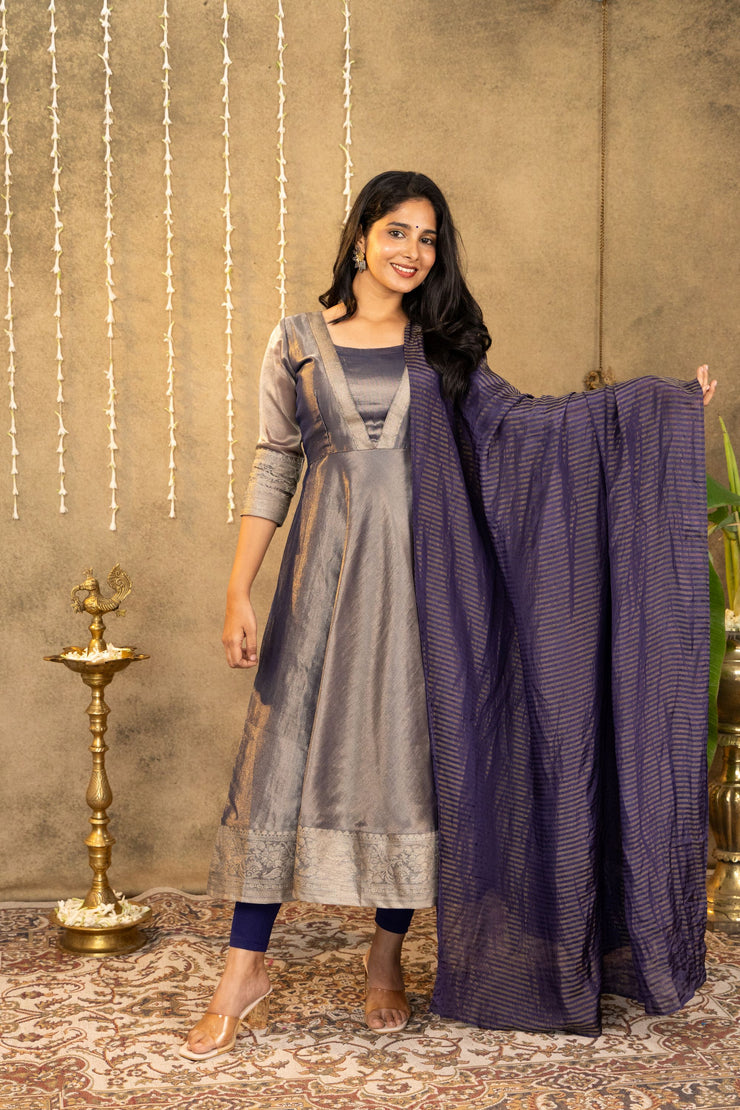 Blue Tissue Dress With Striped Dupatta