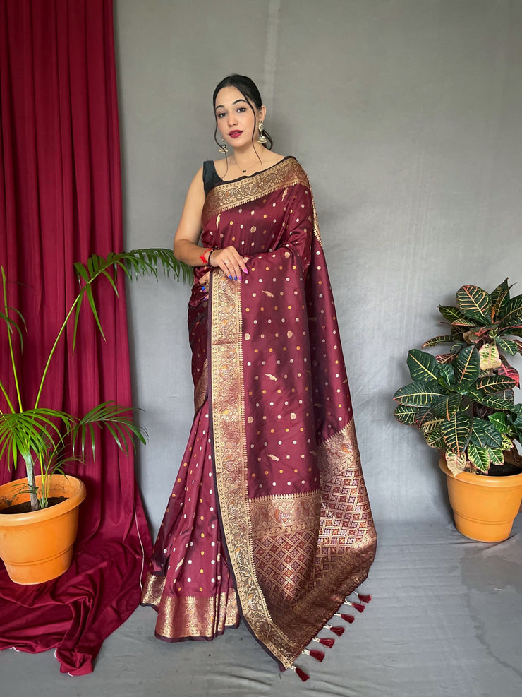 Elegant  Copper And Golden Zari Pure Soft Silk Saree