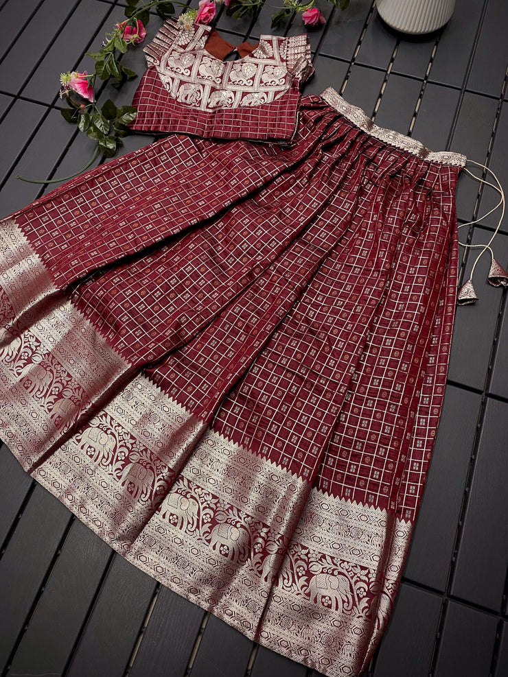 Frilled Kids Crop Top Blouse With  Lehenga